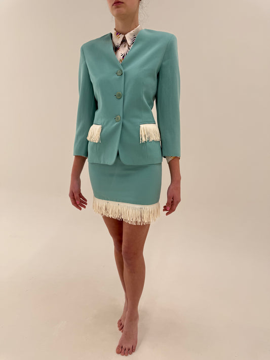 Costum Max Mara mint green de primăvară din lanita subțire cu detalii chic