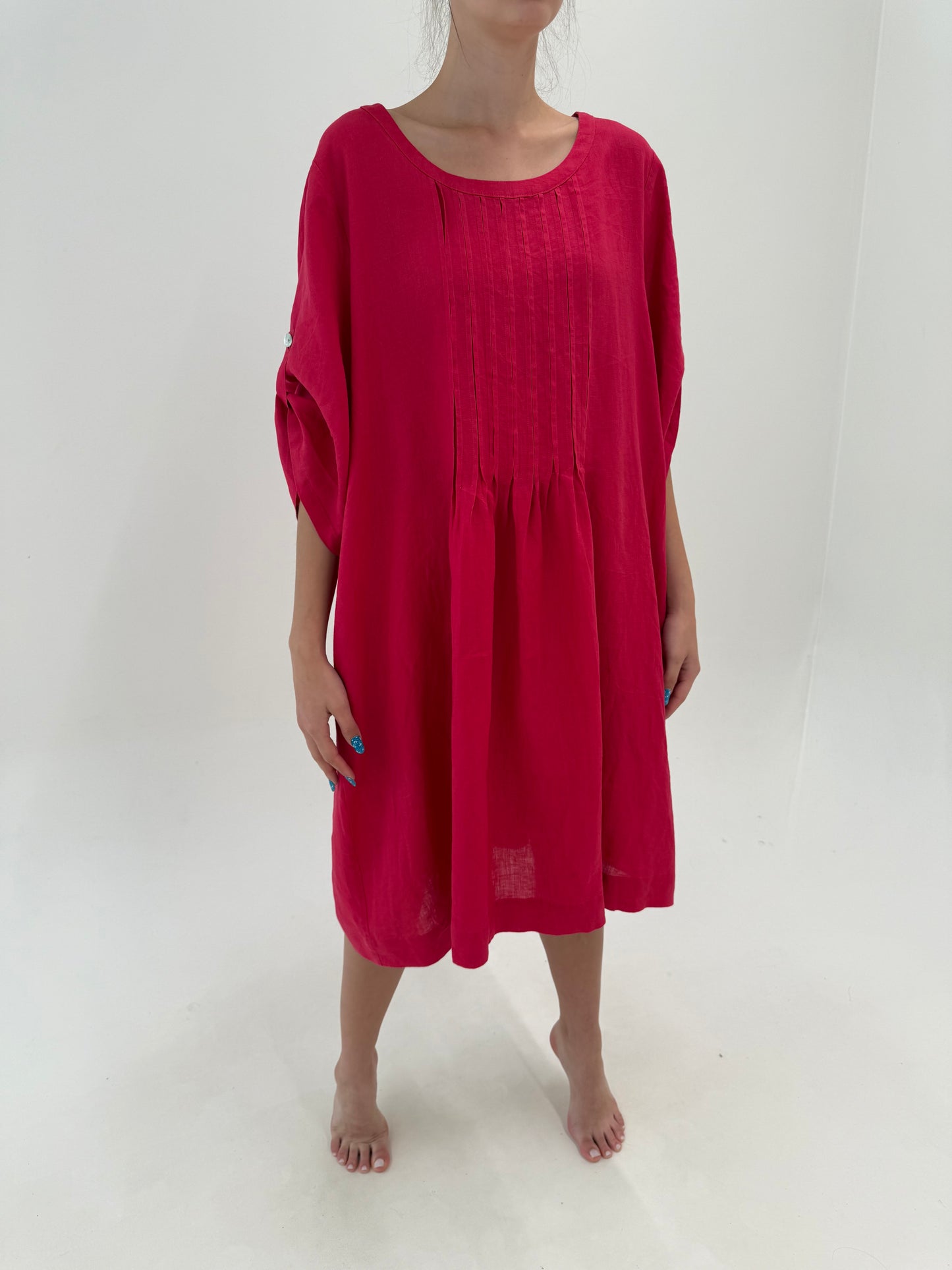 Rochie din in premium raspberry red cu buzunare și mânecă reglabilă în croi lejer