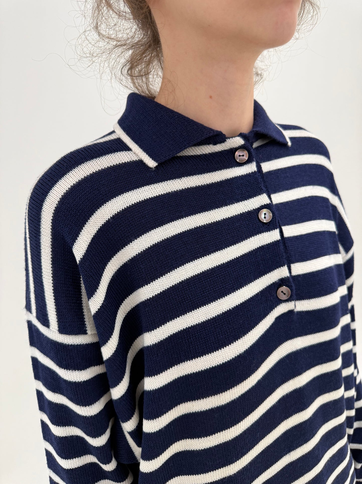 Pulover vintage polo în dungi din lana merino extrafina de gramaj mare