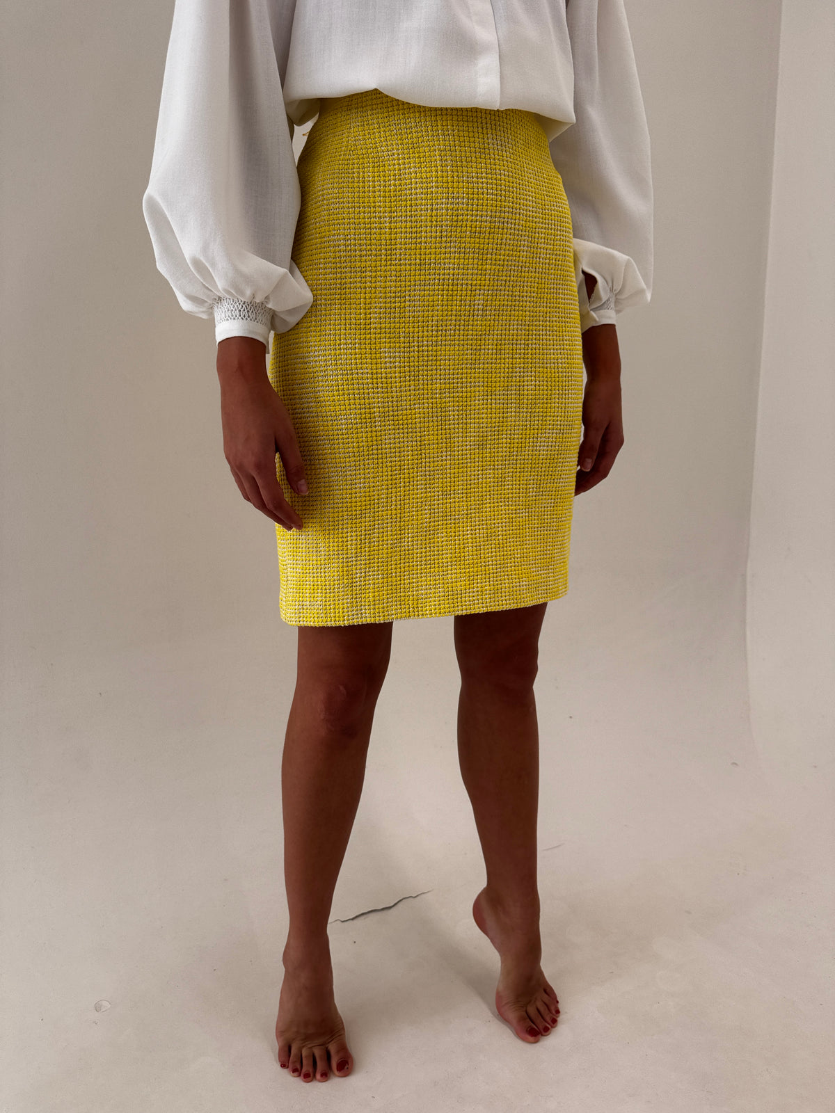 Fustă Max Mara din tweed de bumbac light yellow in croi clasic
