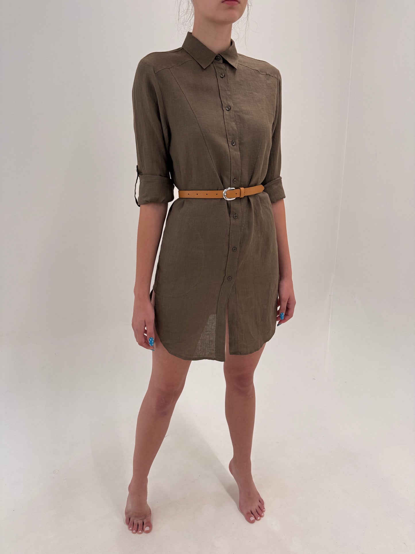 Rochie/ tunică Escada muted kaki din in premium cu mâneci reglabile