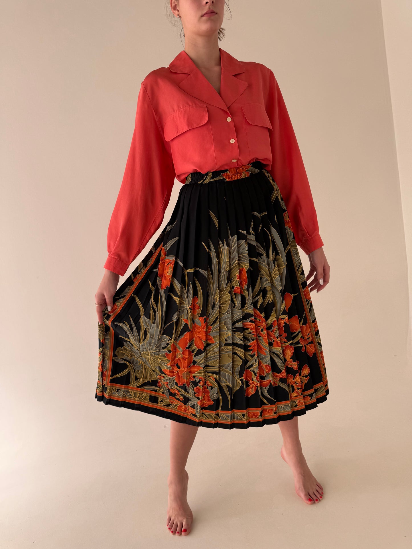 Fustă vintage plisată midi lung cu print superb și talie ultra înaltă elastică