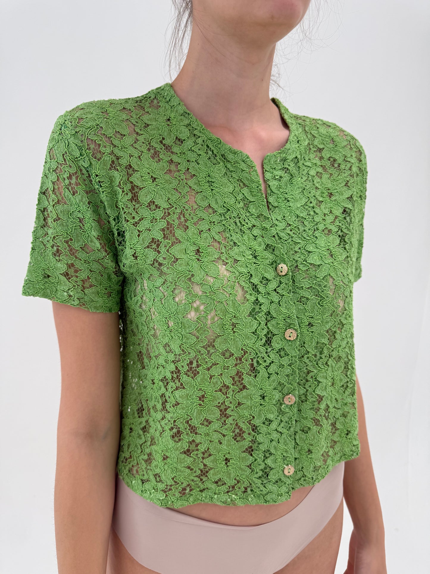 Top vintage verde crud din dantelă guipure ultra confort