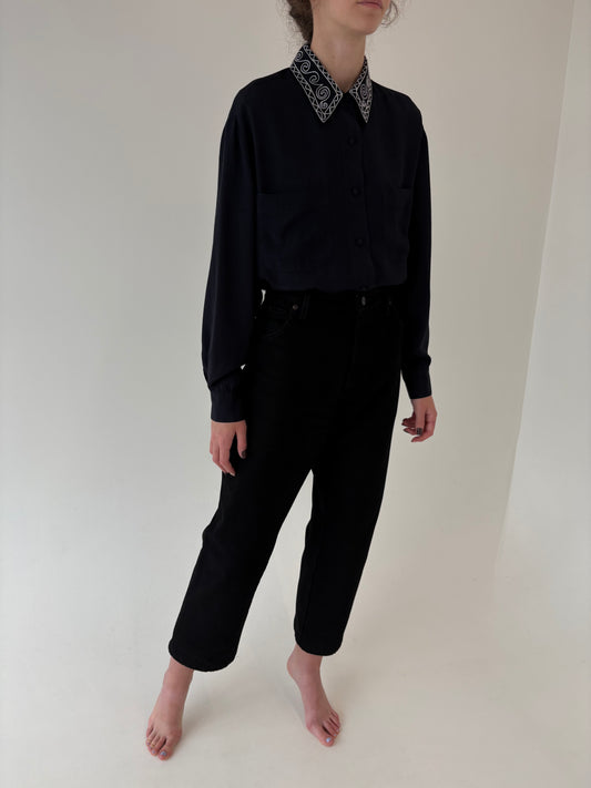 Jeans vintage premium negri straight leg cu talie înaltă