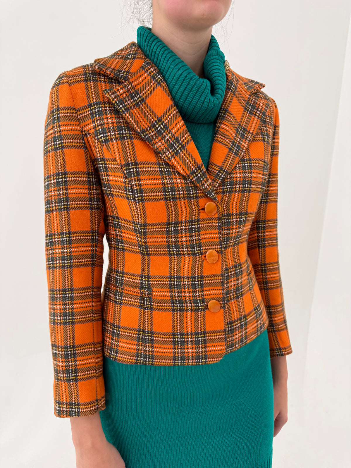 Sacou vintage cambrat petite din tweed oranj de lana extrafina cu talie marcată