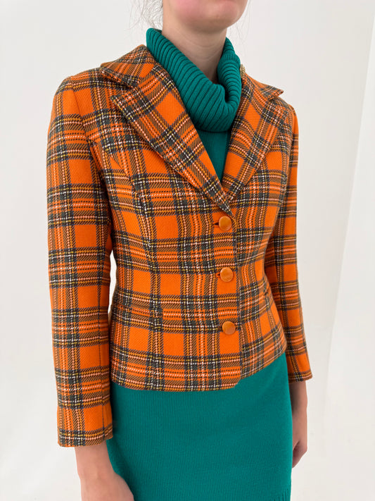 Sacou vintage cambrat petite din tweed oranj de lana extrafina cu talie marcată