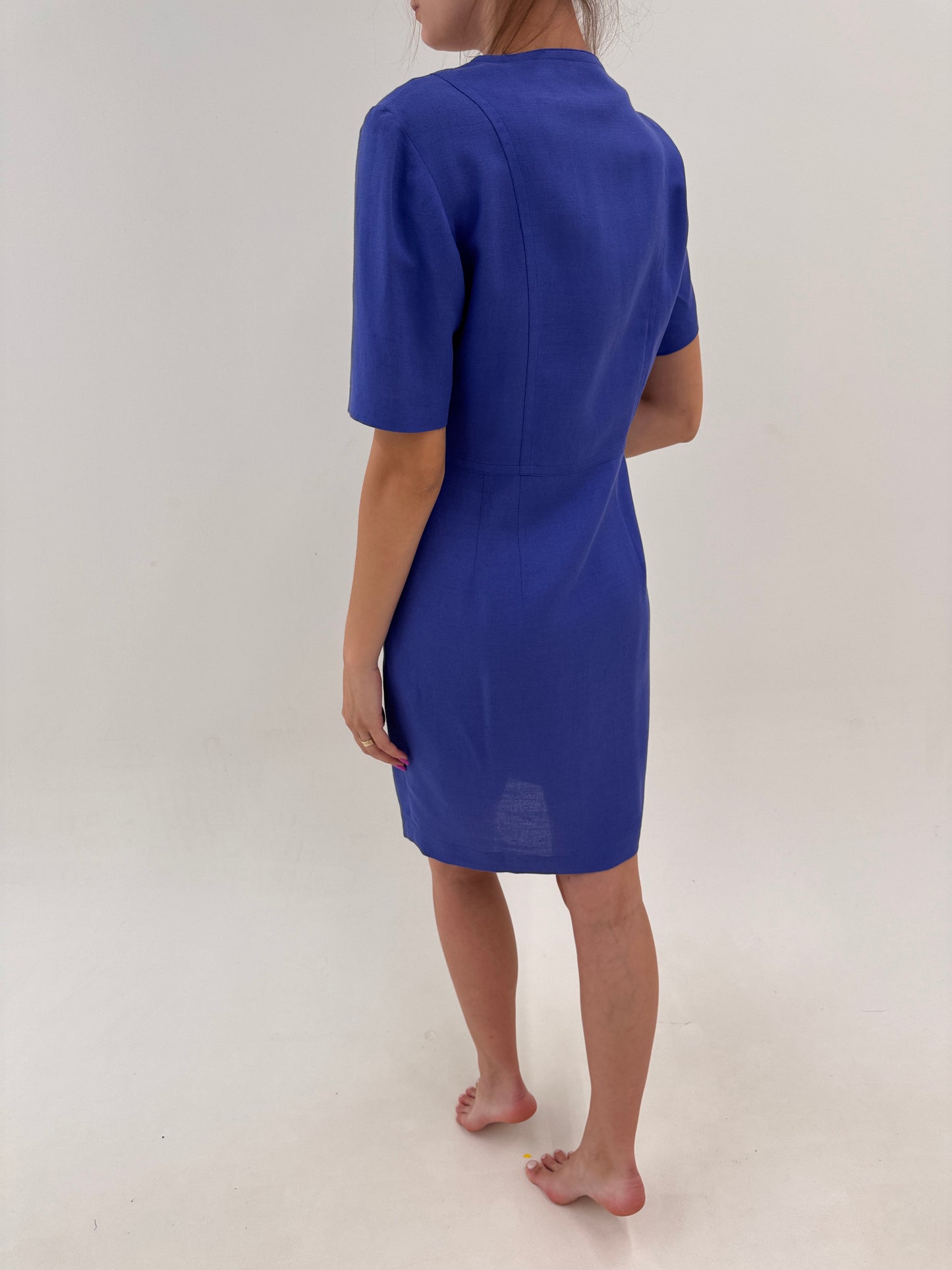 Rochie vintage iris blue cu talie marcată și buzunare din panzica