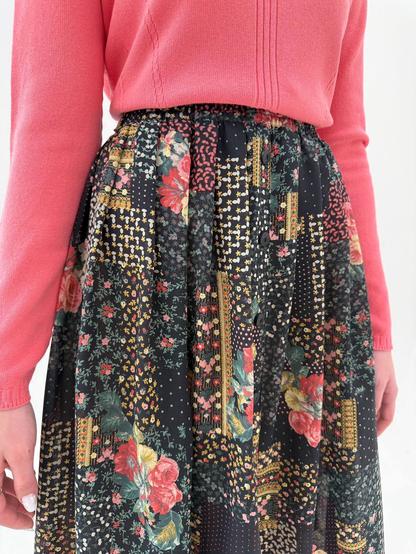 Fustă vintage midi lung cu print superb și talie ultra înaltă elastică