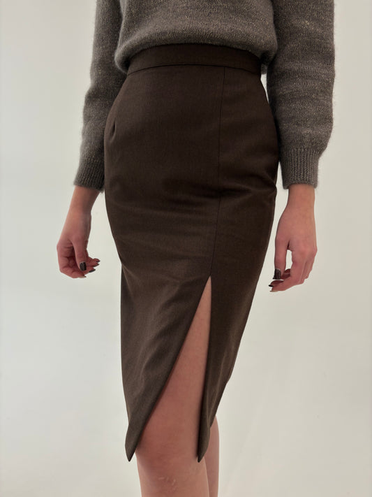 Fustă ultra conică cu talie super înaltă din lana tasmaniana chocolate brown