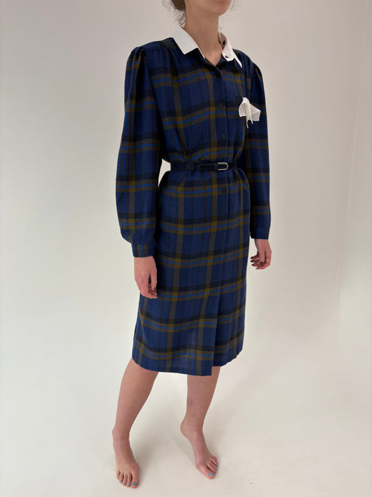 Rochie old vintage anii 80 din lana extrafina în carouri și guler detașabil