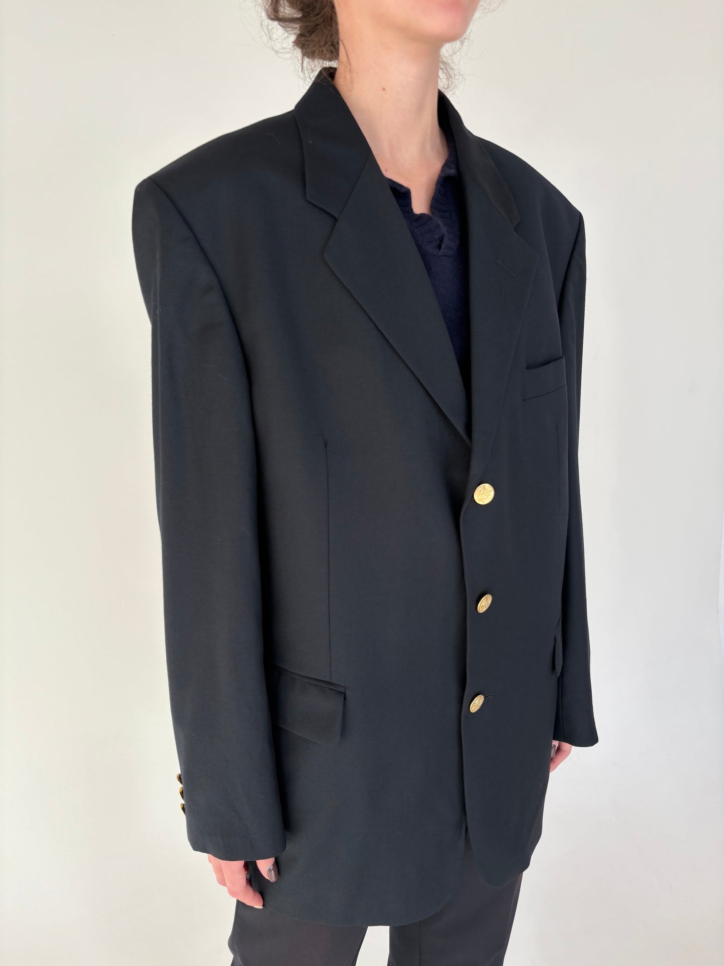 Sacou italian Navy cu nasturi metalici aurii din stofă worsted de lana pura