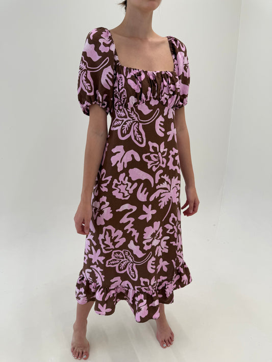 Rochie vintage maxi chocolate brown cu print roz din in cu bust drapat reglabil