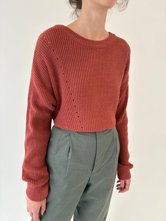 Pulover ribbed burnt sienna brown de gramaj mare din mix de lana extrafina