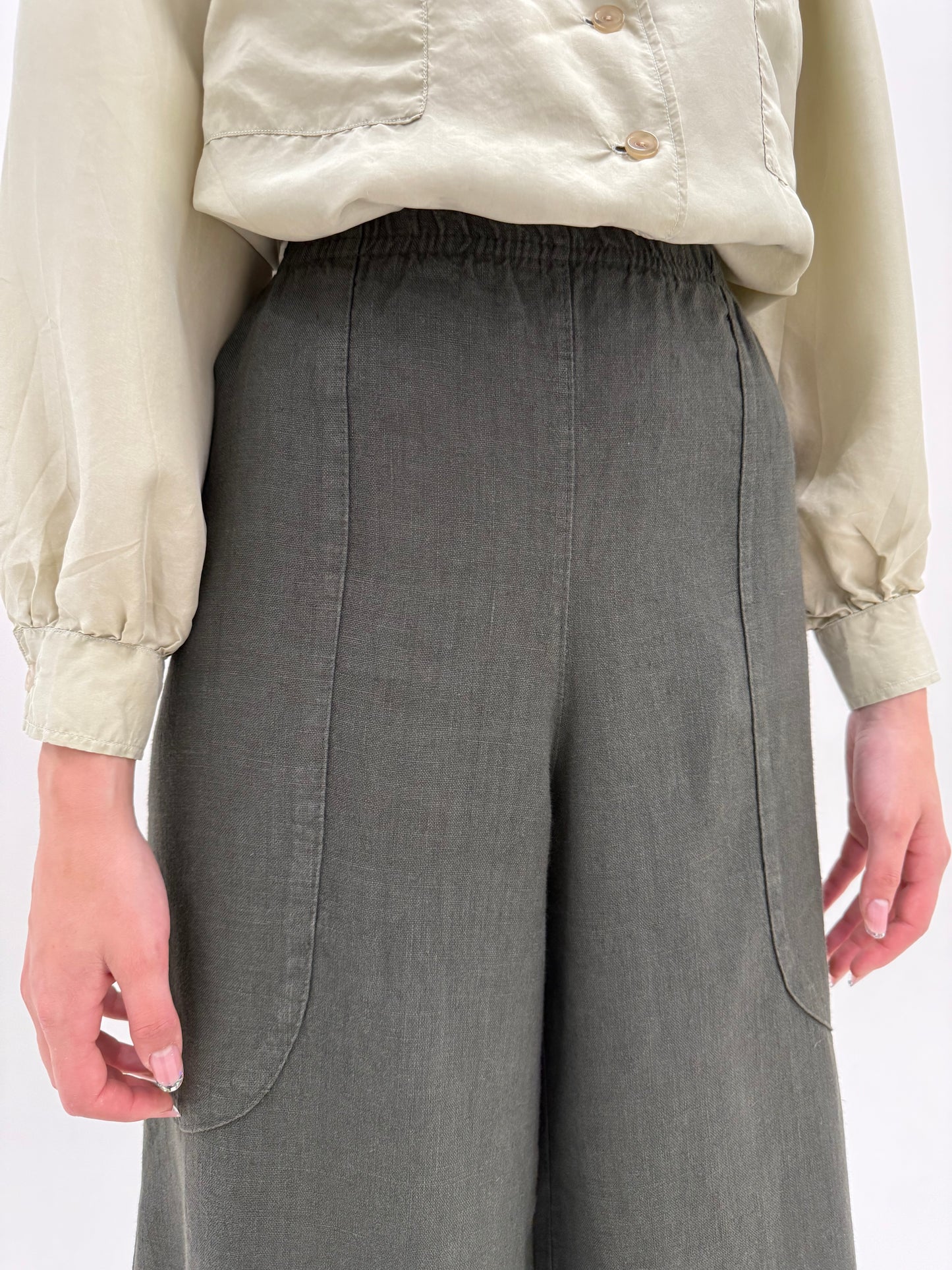 Pantaloni palazzo ultra ampli din pânză grea de in dark green