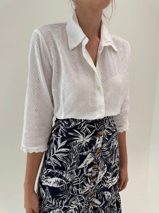 Cămașa din bumbac premium integral cu broderie anglaise și dantelă macrame
