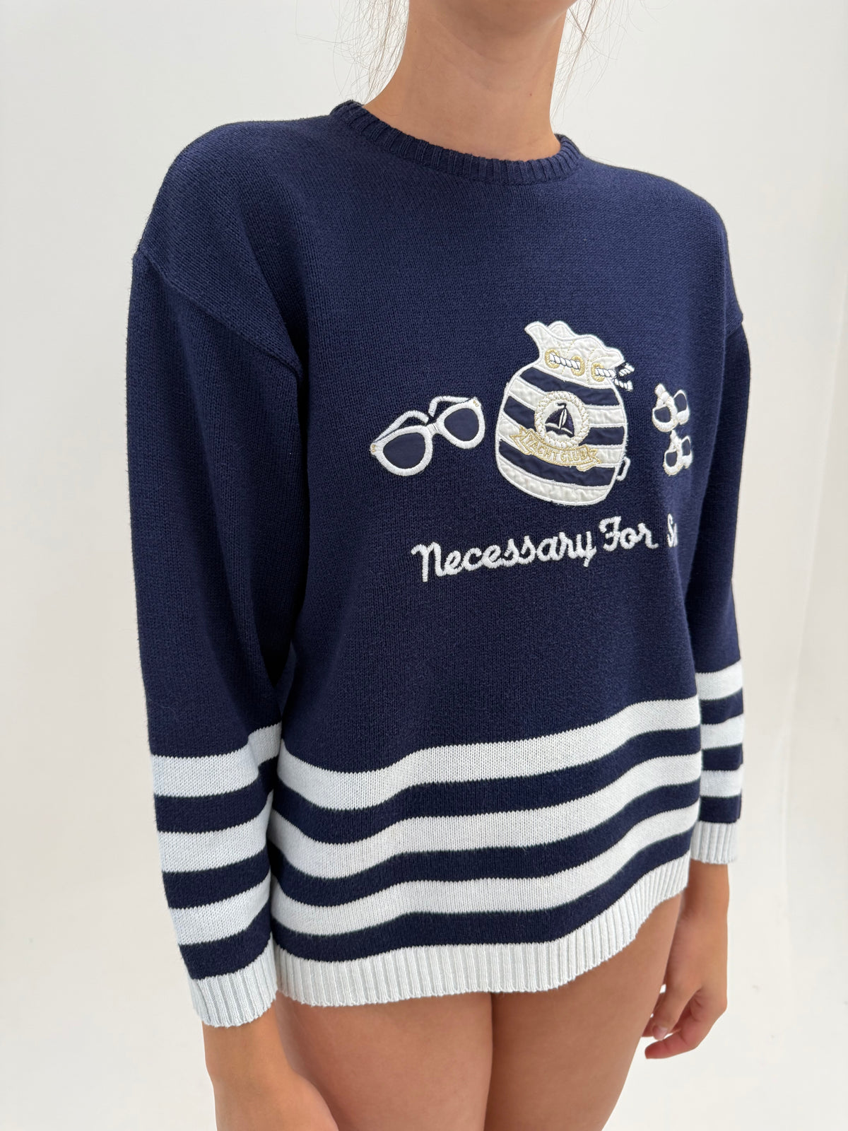 Pulover vintage petite din bumbac gros de gramaj mare în dungi crew neck