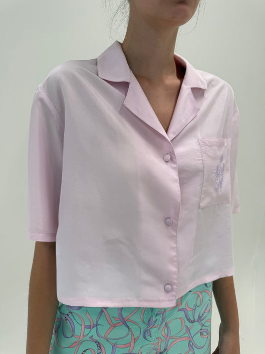 Cămașa powder Pink din mătase naturală în croi lejer ușor cropped