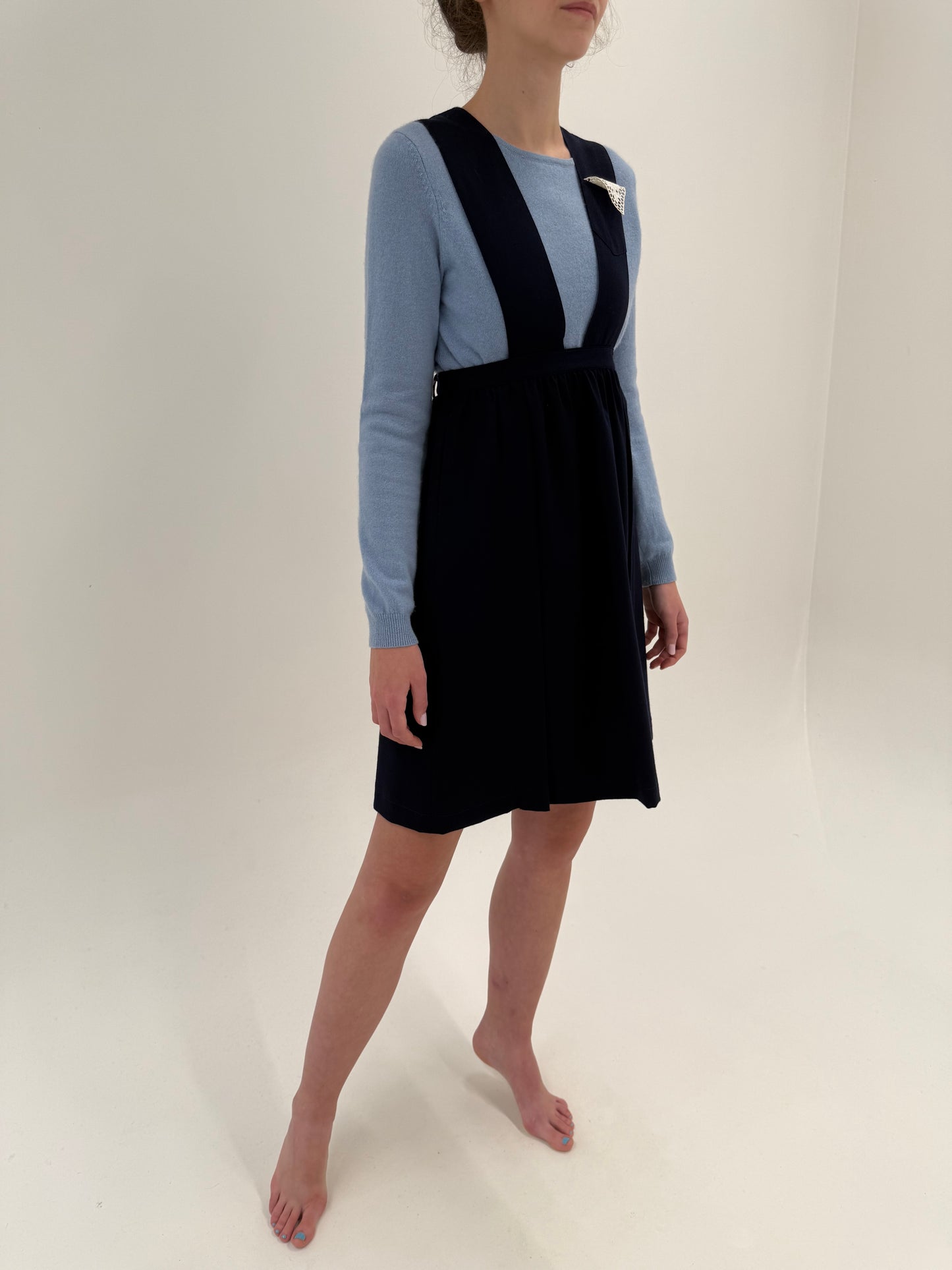 Sarafan vintage din lana extafina navy cu fustă super amplă și talie ultra înaltă