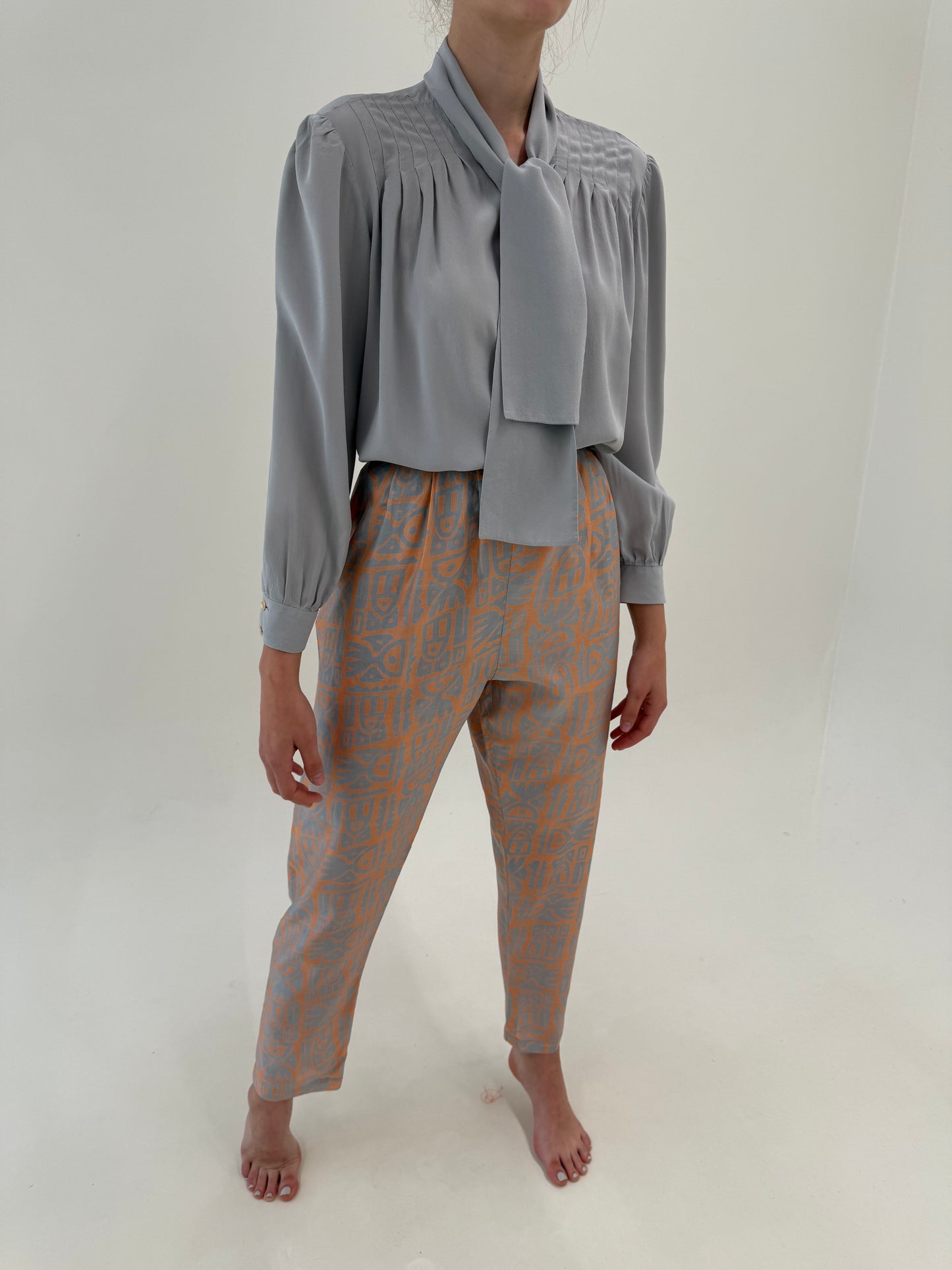 Pantaloni tall din mătase naturală cu talie ultra înaltă elastică