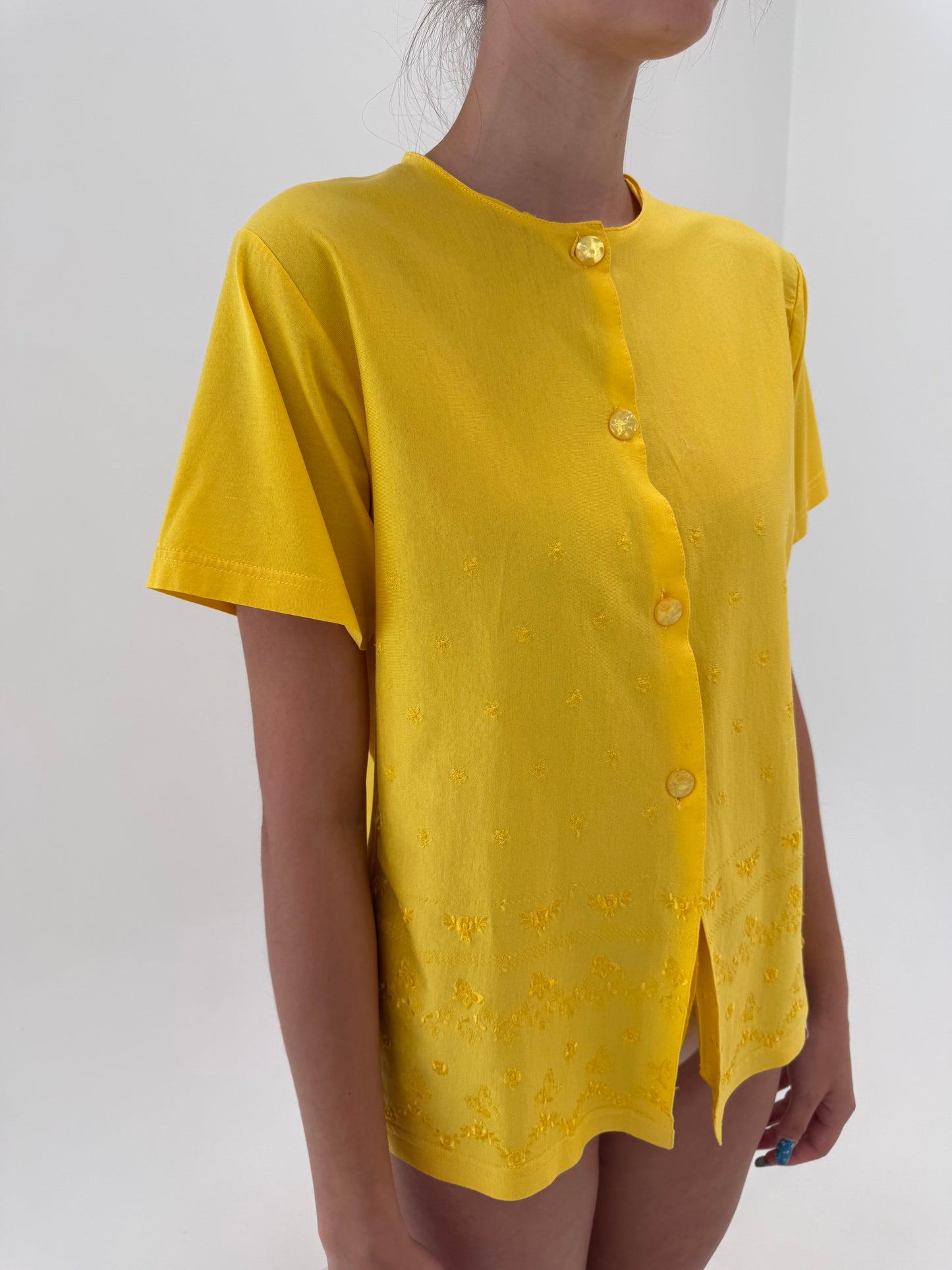 Tricou vintage cu broderie și nasturi decorativi din jerse premium de bumbac