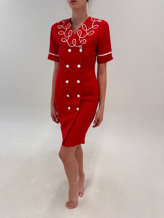 Rochie vintage italiană din pânză de in ușor structurată cu broderie și închidere dublă
