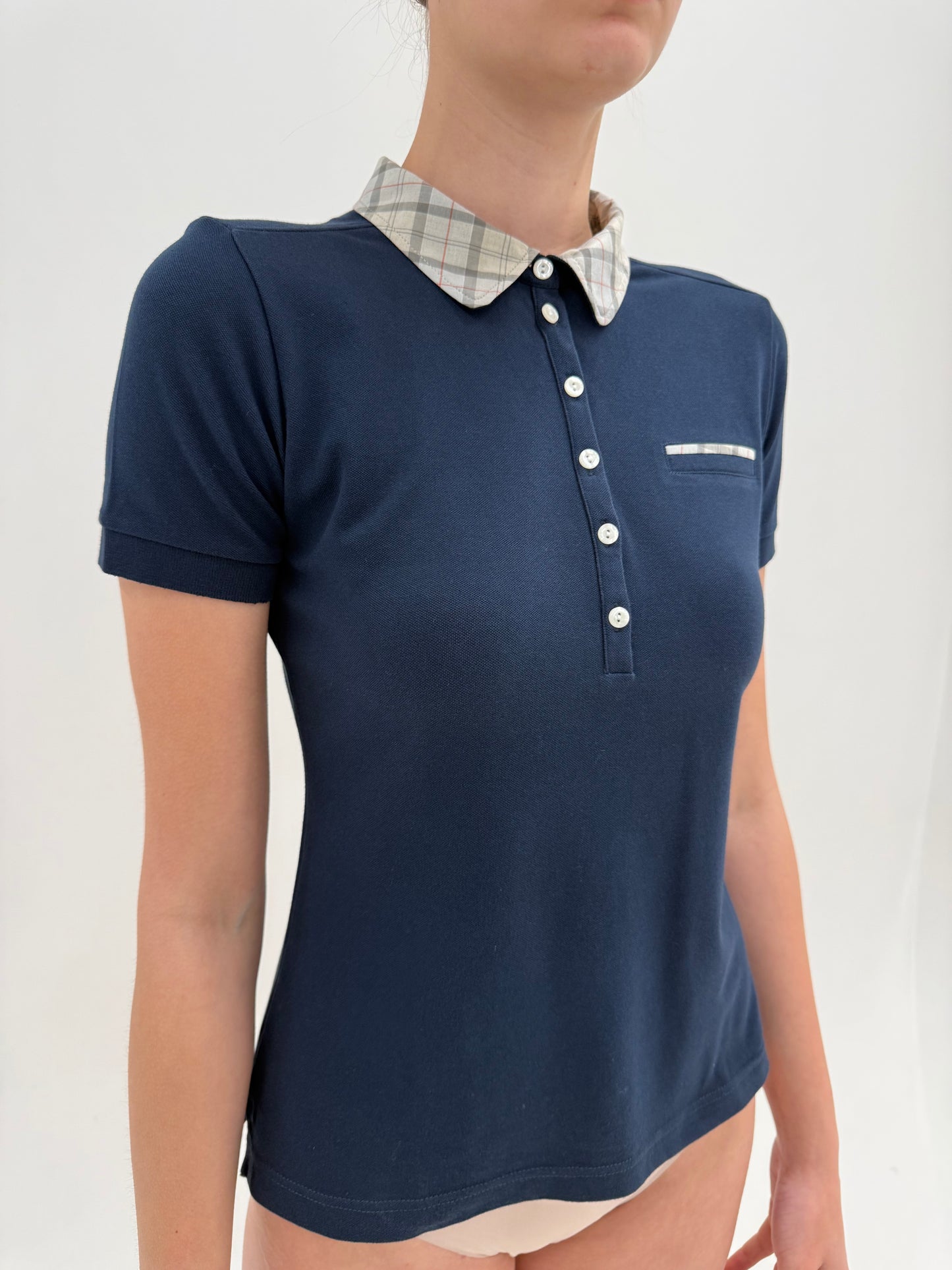 Top polo luxury Barbour Navy cu guler Peter Pan specific brandului