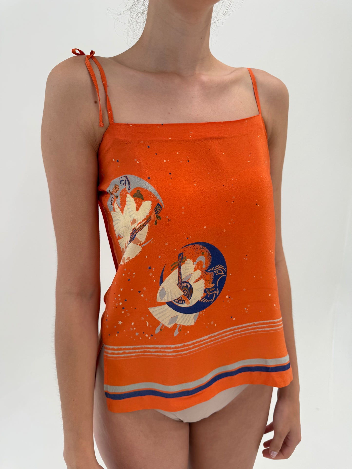 Set vintage din mătase naturală pumpkin orange cu print delicat și buline
