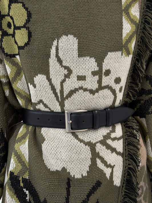 Curea italiană din piele naturală groasă cu feronerie argintie