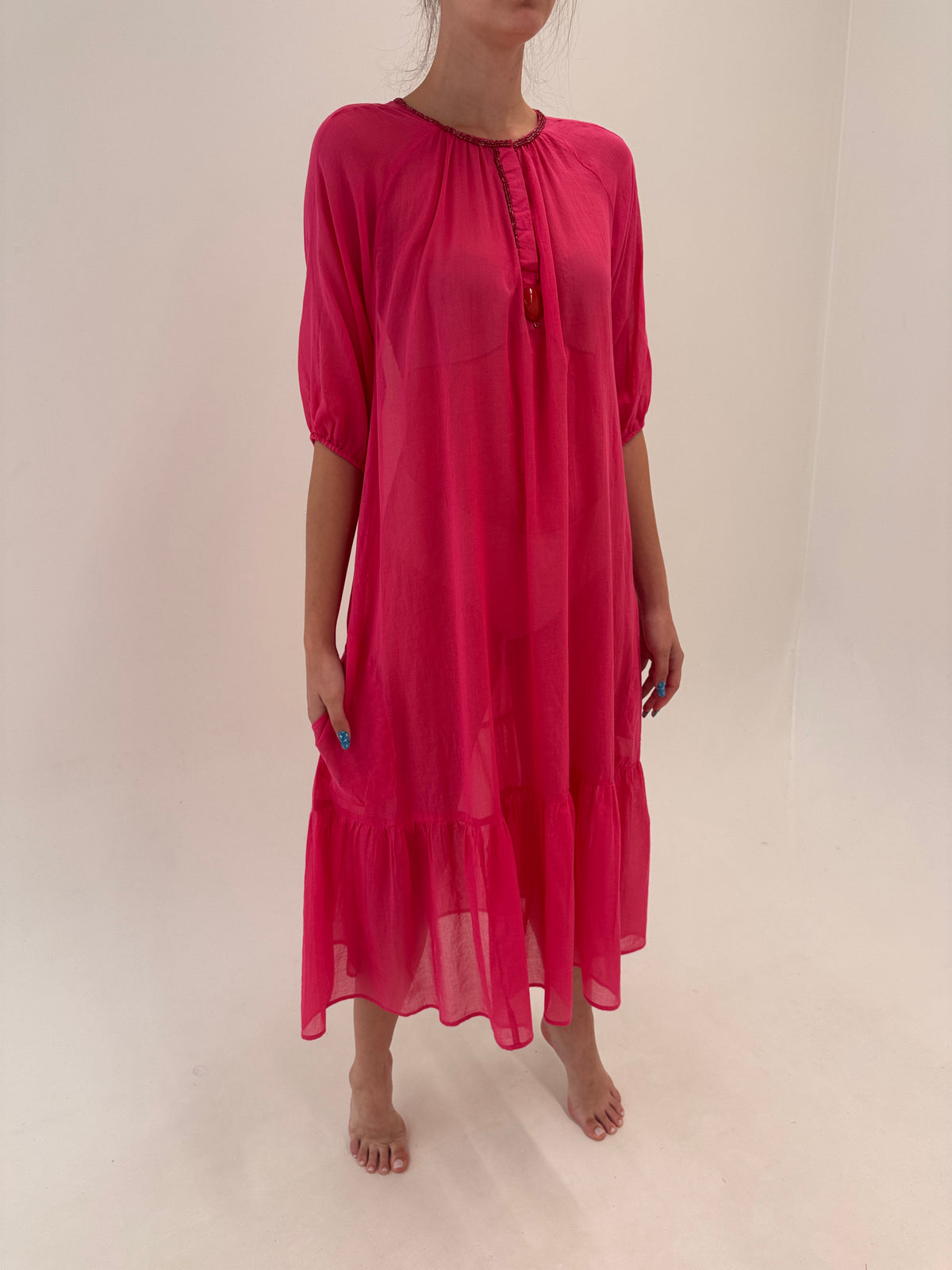 Kaftan fucsia de plajă italian din cel mai fin bumbac nou cu eticheta