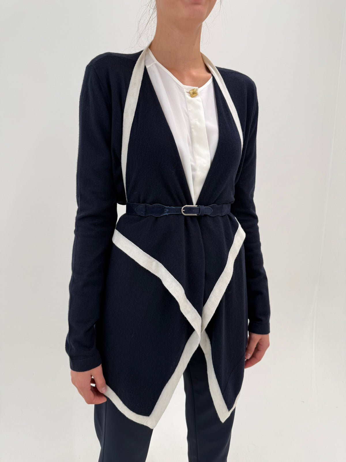 Cardigan lung Armani tall Navy blue din lana extrafina în croi drapat