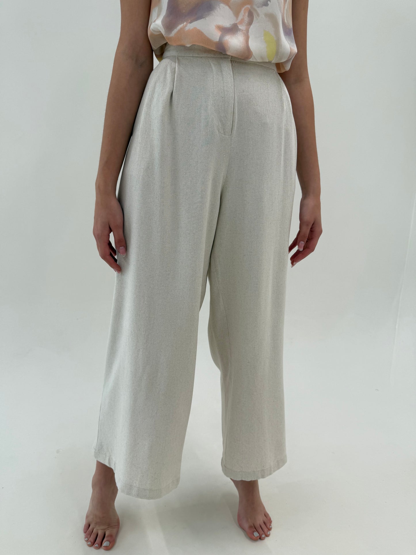 Pantaloni palazzo off white din pânză de in și vascoza