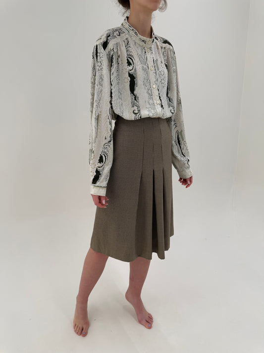 Fustă midi lung plisată din lana extrafina pied de coq chocolate brown