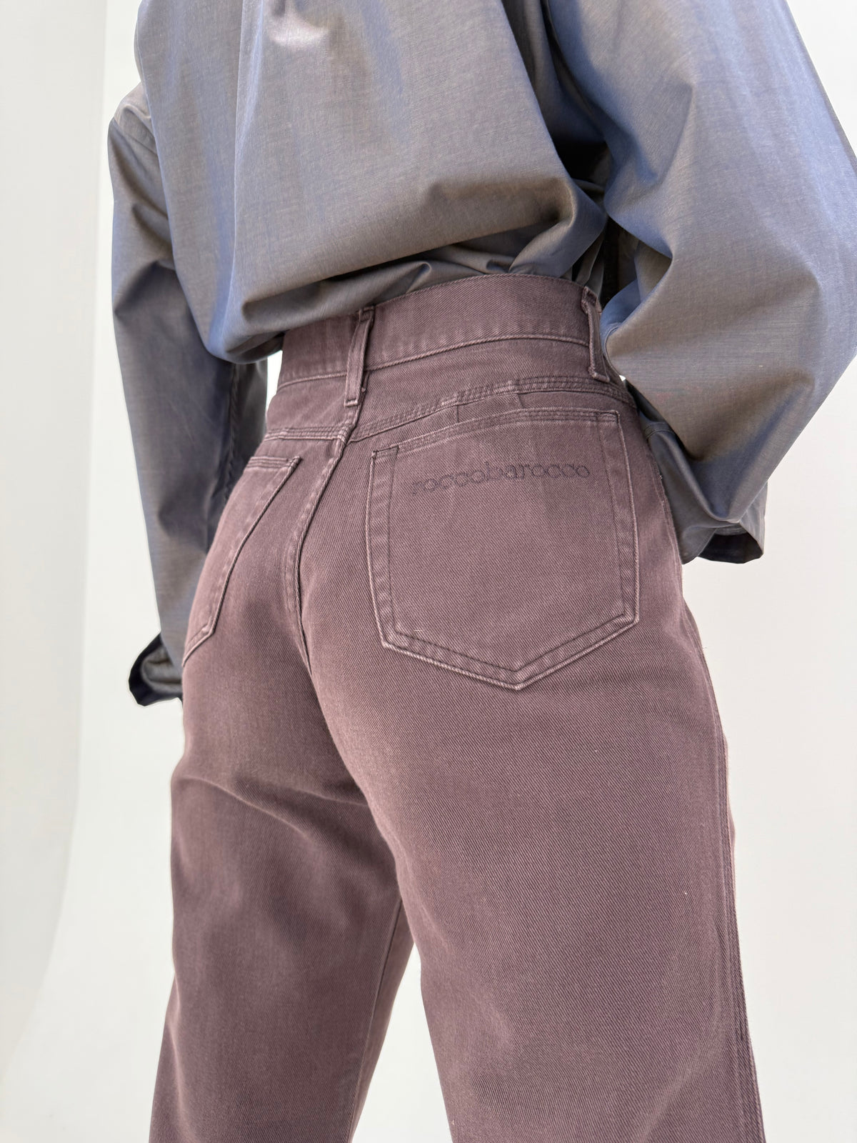 Jeans vintage Rocco Barocco taupe din bumbac gros cu talie ultra înaltă și solduri generoase