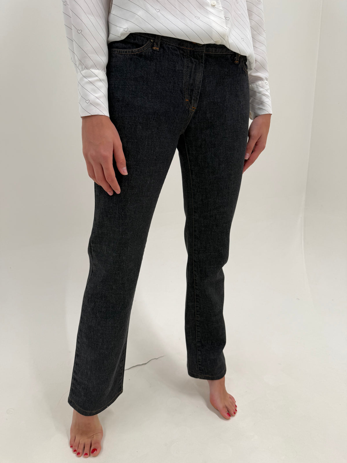Jeans Cavalli dark wash straight leg cu un sclipici argintiu foarte discret tall