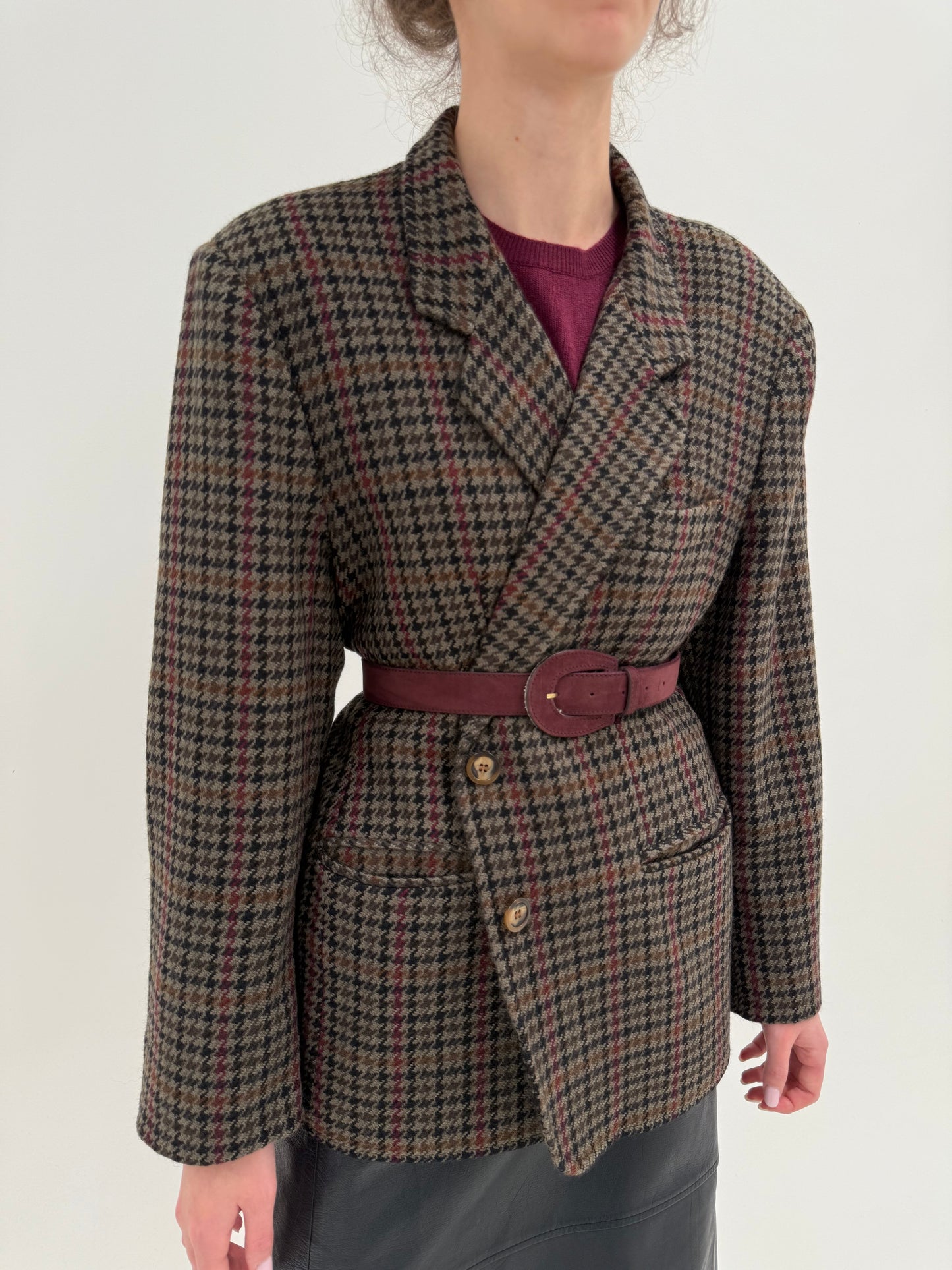 Sacou vintage din tweed de lana camel pied de coq negru și burgundy