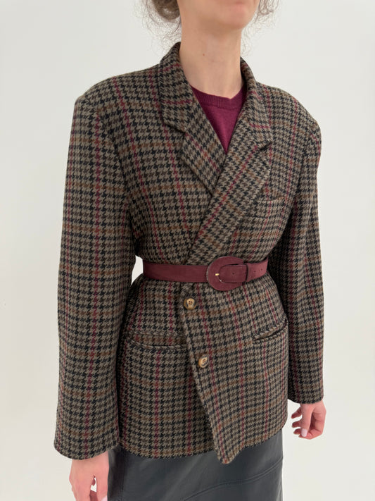 Sacou vintage din tweed de lana camel pied de coq negru și burgundy