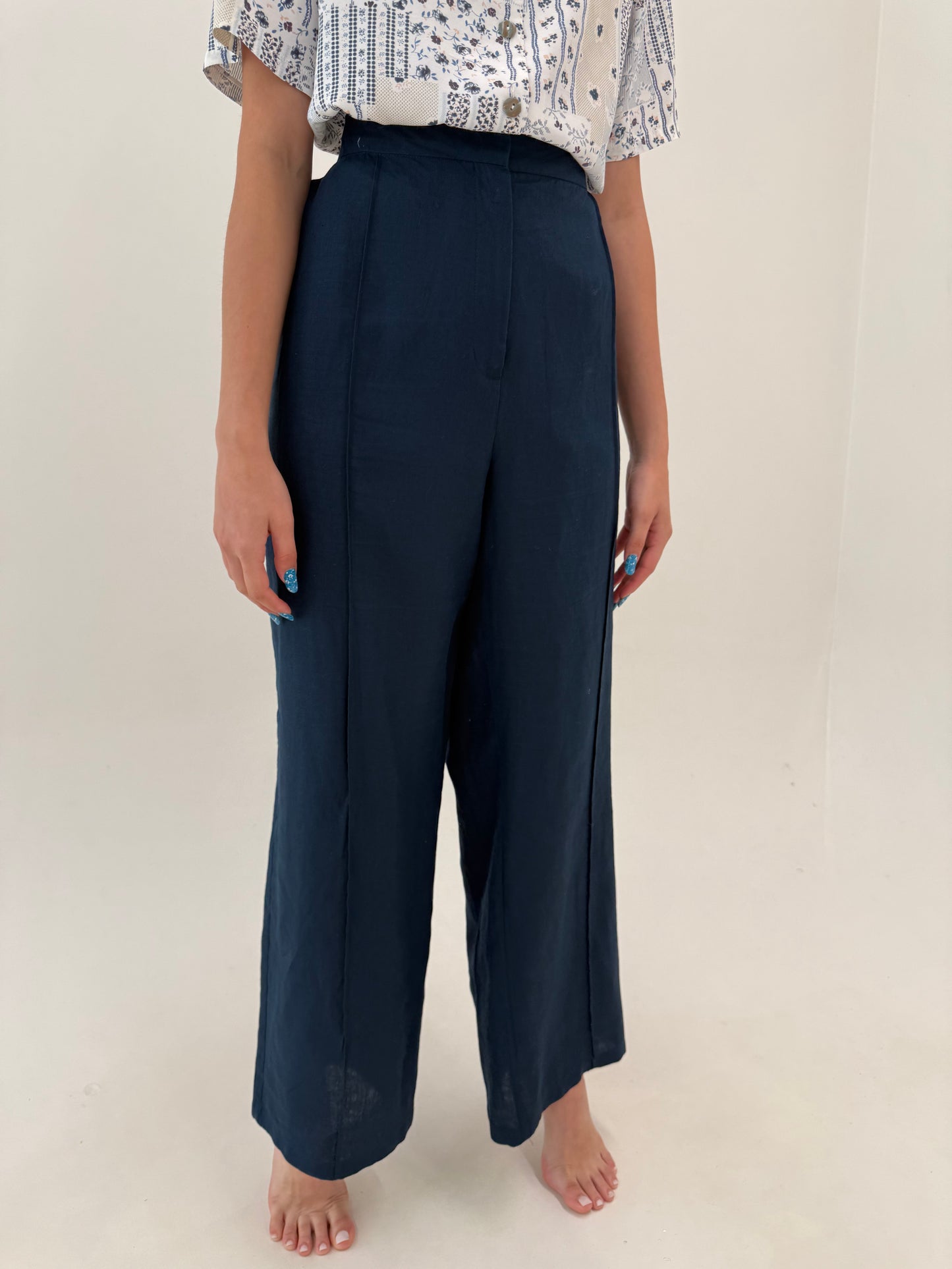 Pantaloni tall din in premium cu talie ultra înaltă în croi drept