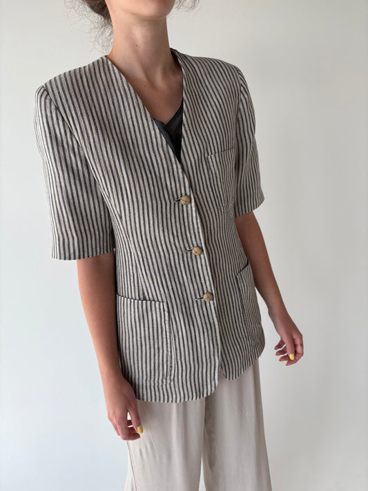 Sacou vintage italian cambrat în dungi fine verticale din in structurat