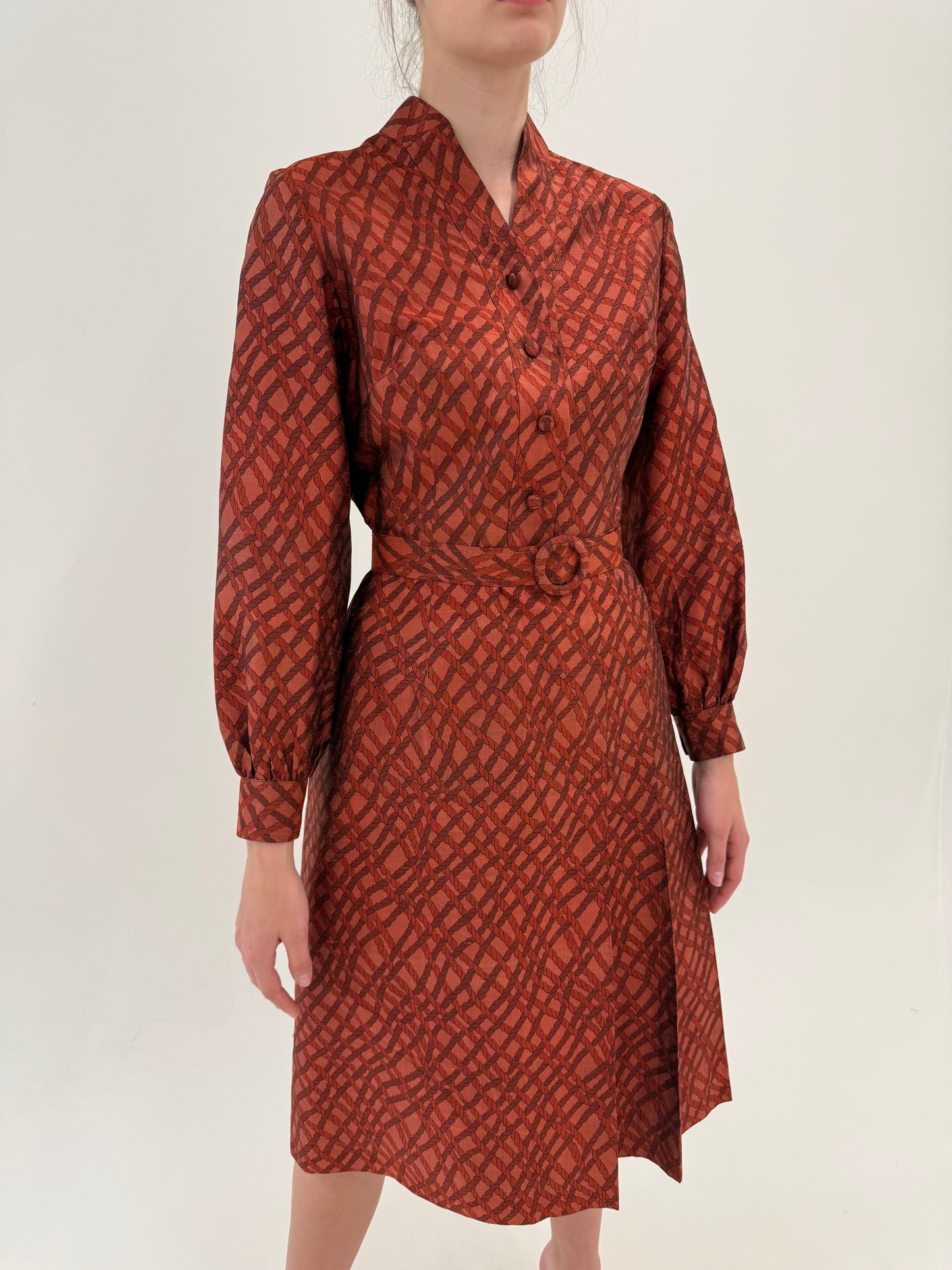 Rochie vintage din mătase naturală dupioni cu buzunare și curea proprie