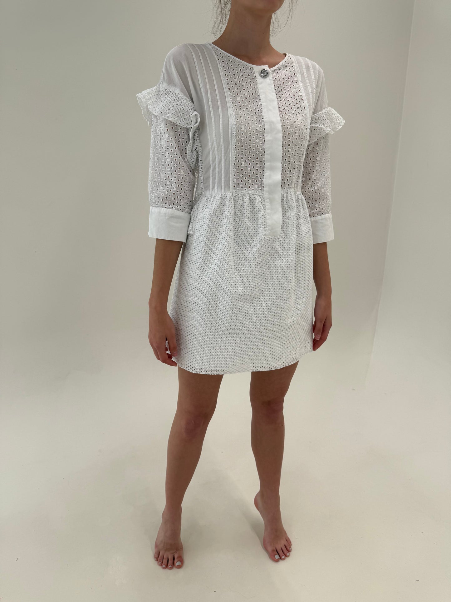 Rochie din bumbac integral cu broderie anglaise cu talie ultra înaltă