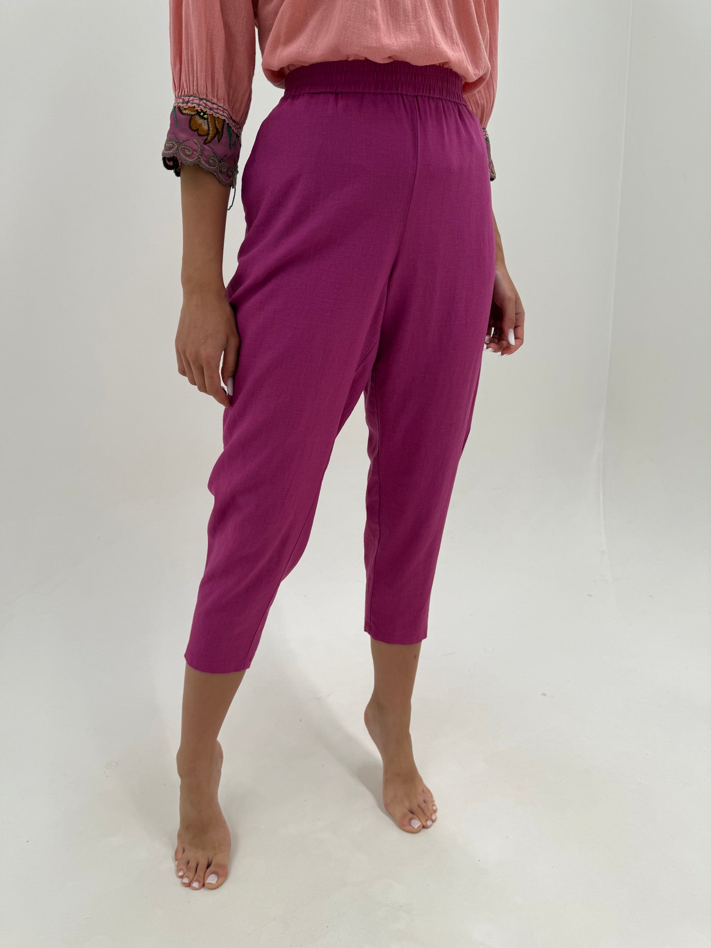 Pantaloni petite magenta din in cu talie ultra înaltă elastică