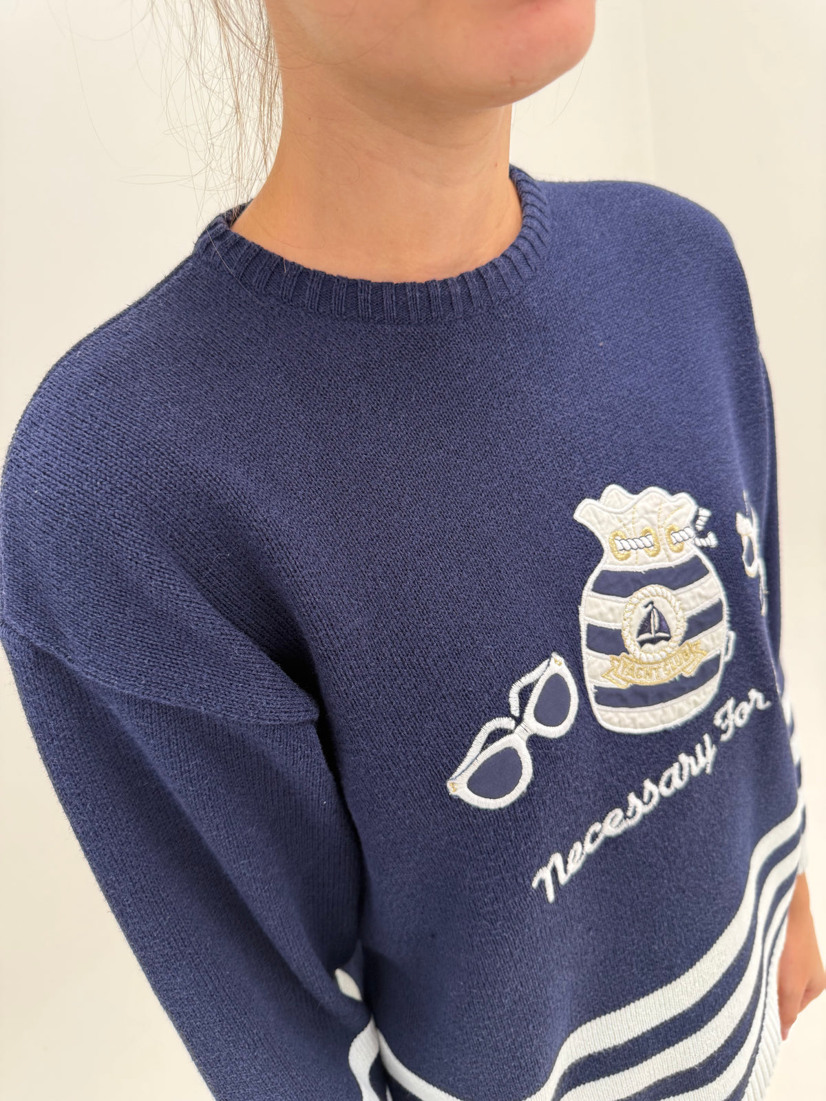 Pulover vintage petite din bumbac gros de gramaj mare în dungi crew neck