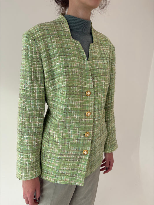 Sacou din tweed în stil Chanel verde crud ușor cambrat petite