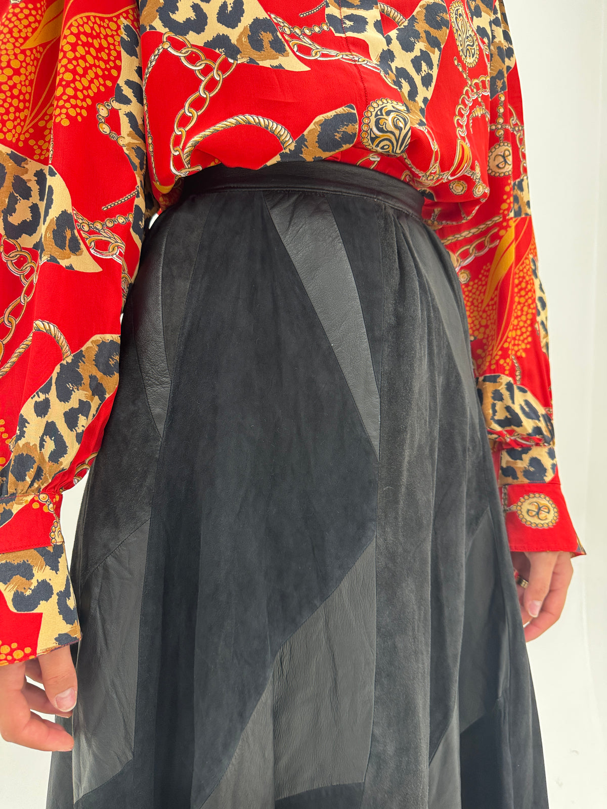 Fustă din piele naturală extrem de moale în croi A-line patchwork midi lung
