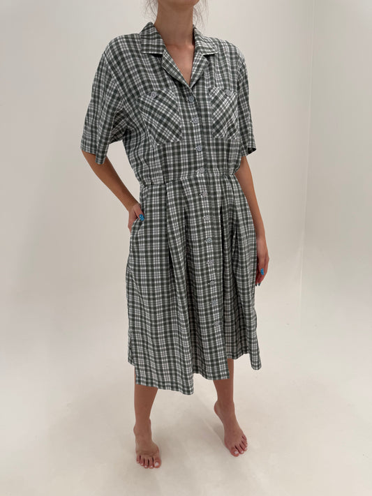 Rochie vintage din pânză cu buzunare și talie marcată Sage green și alb