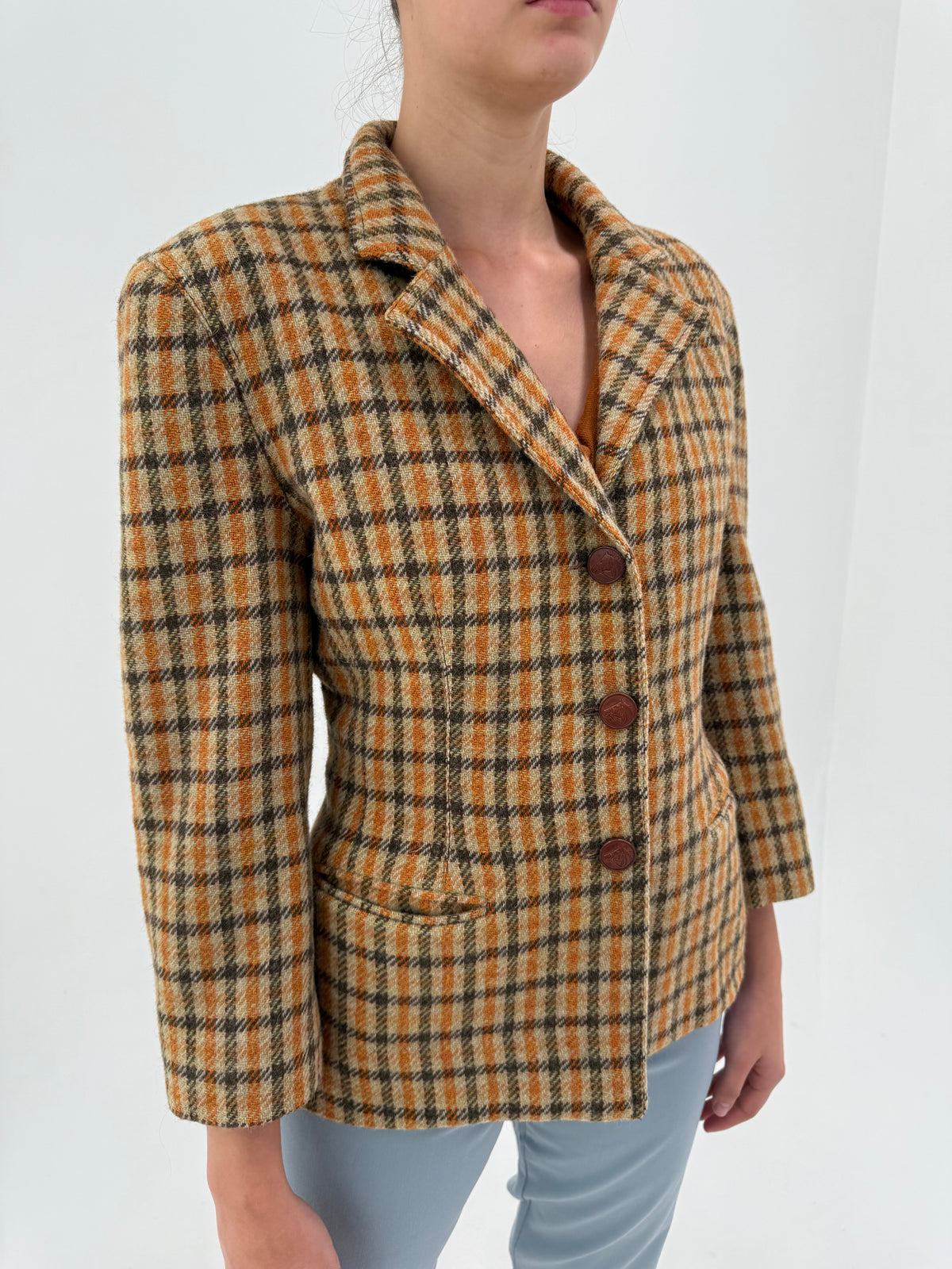 Sacou petite Alberta Feretti petite cambrat din tweed gros de lana camel