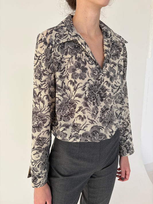 Cămașa ivoire petite din lana extrafina cu print superb negru