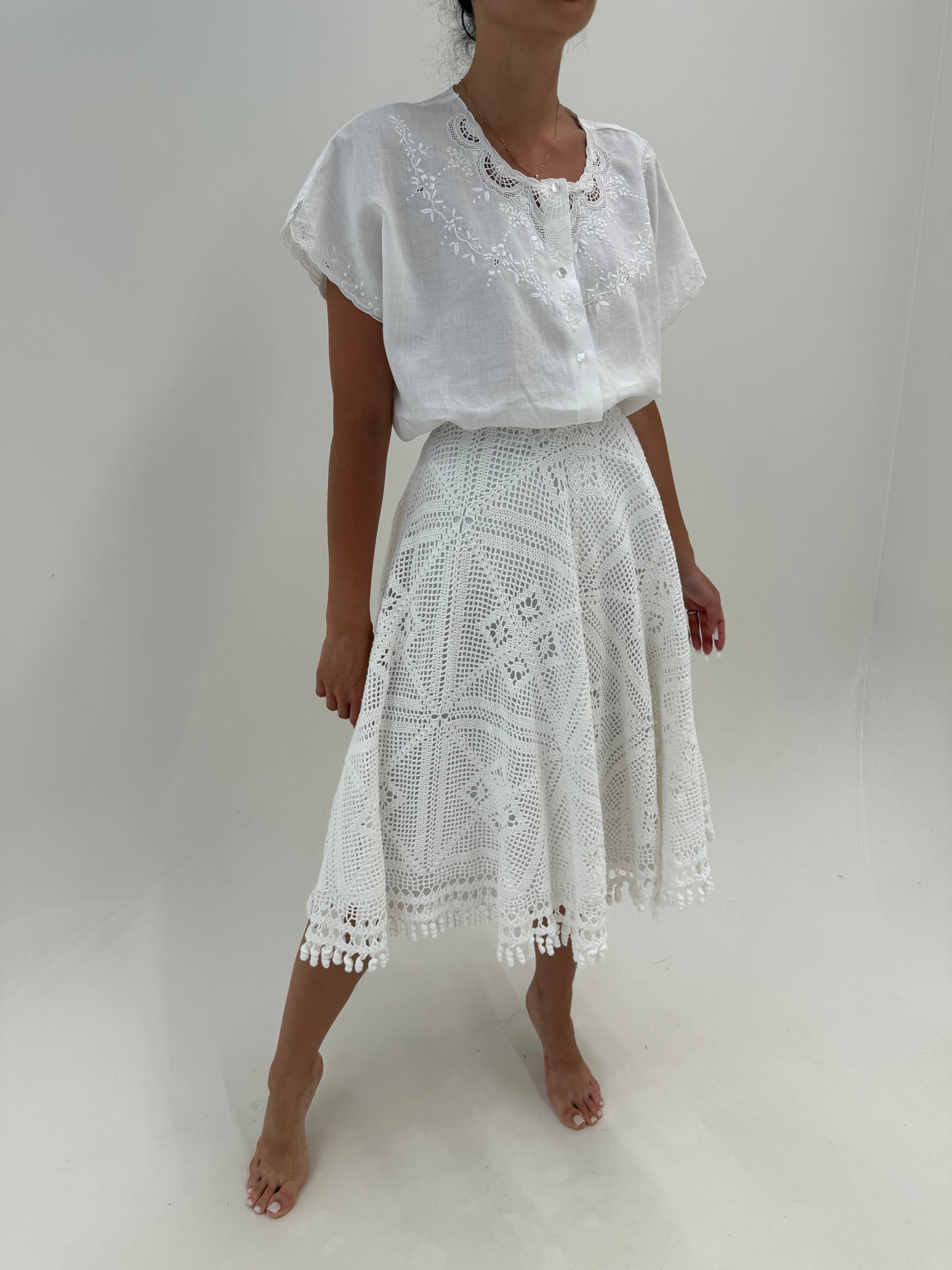 Fustă vintage bijuterie din macrame lucrat manual ultra amplă midi lung