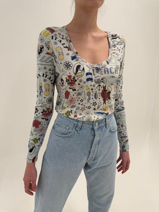 Puloveras Gucci din cașmir baby blue  cu print