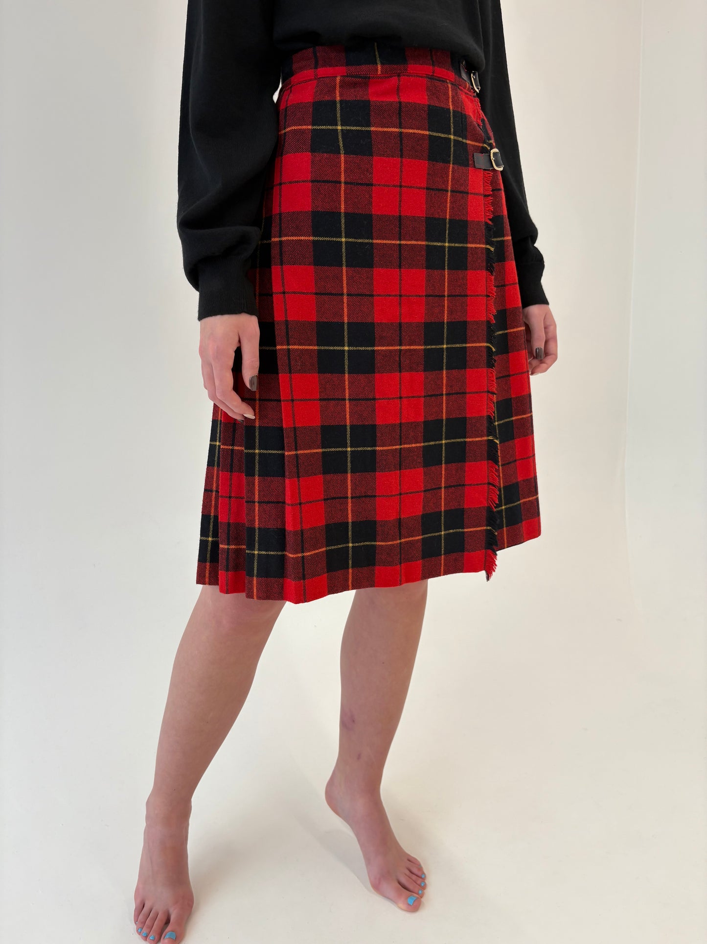 Fustă italiană din Tartan de lana cu închidere din piele naturală